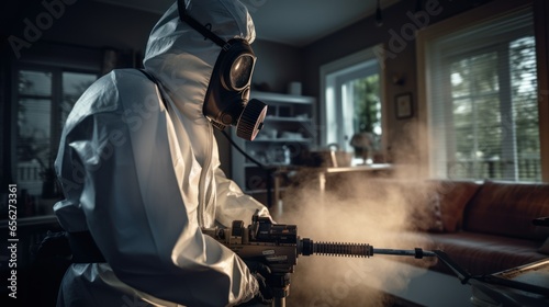 A guy from the pest control service in a mask and a white protective suit sprays poisonous gas. © sirisakboakaew