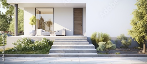 Exterior of house with porch including staircase and front yard landscape