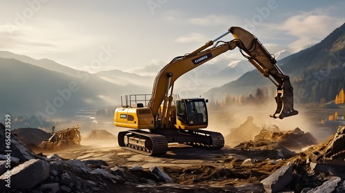 A large construction back hoe vehicle on a large rock pile with another construction vehicle working in the background. Sky is hazy to indicate dust and an active work site. photo
