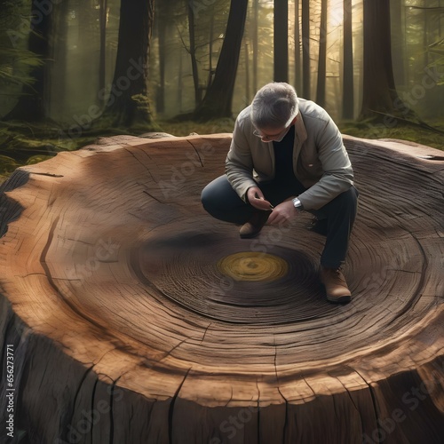 A scientist analyzing the rings of a tree stump to determine its age and environmental history3 photo