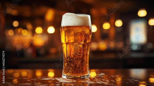 Cold beer pour in glass from crane in pub background