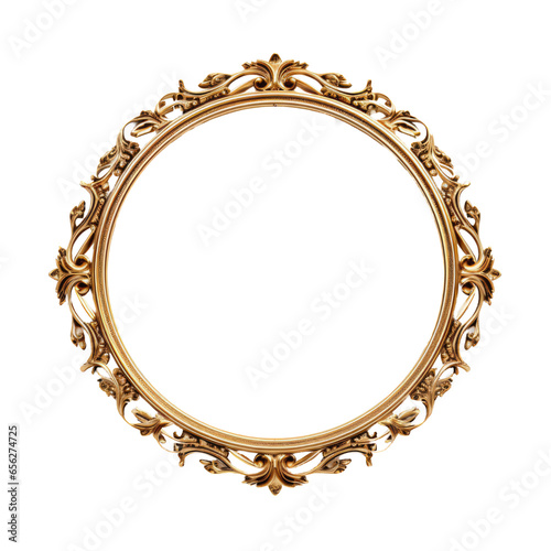 Antique carved gilded oval shape frame isolated on transparent background. Vintage golden rectangle frame for photo, Artistic gold frame with curved shapes, Decorative vintage frame and border