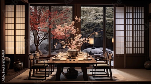 An image highlighting the refined ambiance of a traditional Japanese dining room set for a kaiseki meal, with seasonal dishes and exquisite tableware, with designated areas for text. AI generated