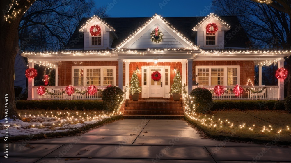 Exterior of a suburban house in the USA decorated for Christmas and the New Year holidays - obrazy, fototapety, plakaty 