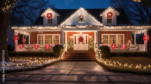 Exterior of a suburban house in the USA decorated for Christmas and the New Year holidays