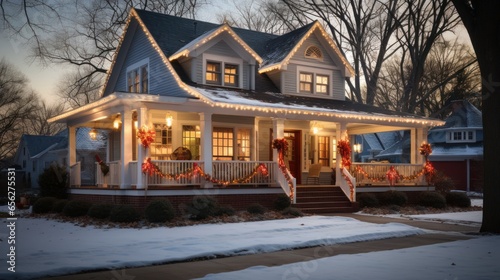 Exterior of a suburban house in the USA decorated for Christmas and the New Year holidays photo