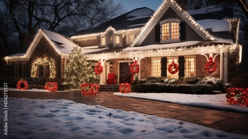 Exterior of a suburban house in the USA decorated for Christmas and the New Year holidays photo