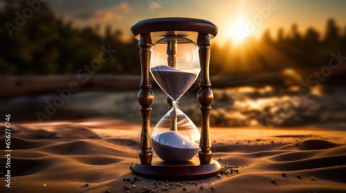 Hourglass in the sand. Concept of time passing. created