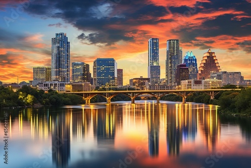 City view of Austin, Texas beside the Colorado River against the skyline. Generative AI photo