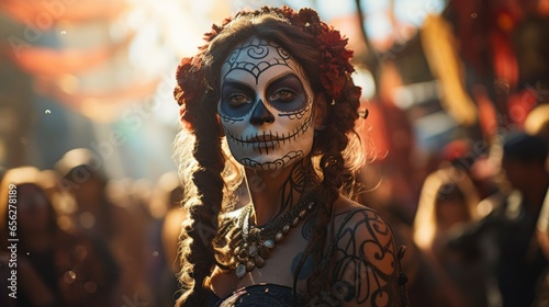 a woman wearing beautiful Day of the Dead costumes and skull makeup at Festival