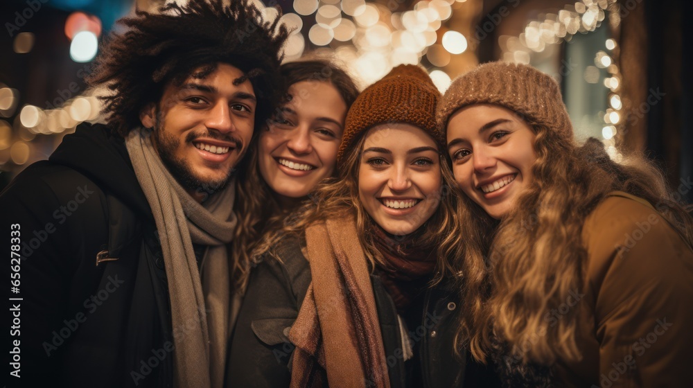 A Young and diverse group of friends celebrating the Christmas and new year holidays together outside in the city
