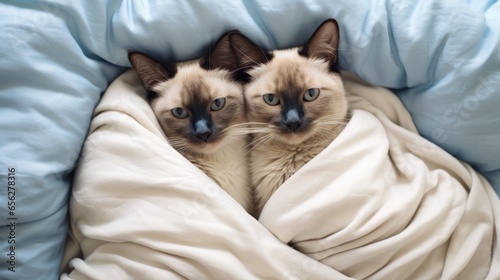 Adorable Siamese cats lying in the cozy bedroom. Rest and relax. Indoor background.