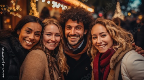 A Young and diverse group of friends celebrating the Christmas and new year holidays together outside in the city