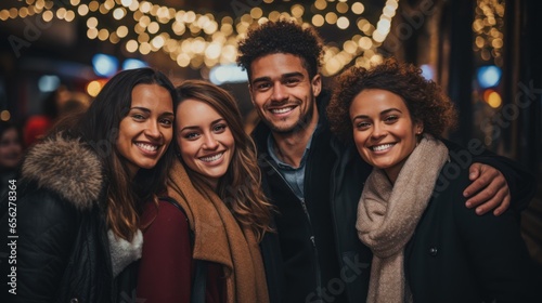 A Young and diverse group of friends celebrating the Christmas and new year holidays together outside in the city