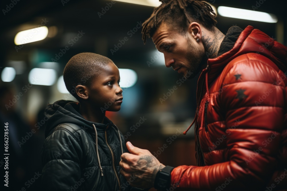 Boxing coach giving instructions to a young boxer in the gym highlighting mentorship and learning, Generative AI