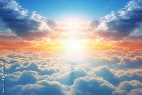 Sun goes into the clouds. Flight in the sky at sunset. Clear blue sky and white clouds. white cloud on blue sky.