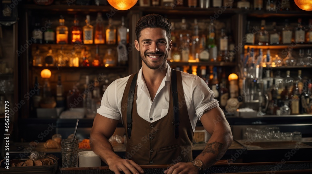 Photograph of Smiling portrait of a young caucasian bartender working behind a bar