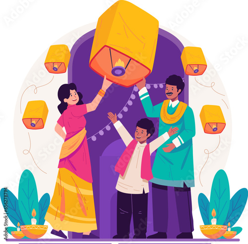 Indian Family Releasing Lanterns Into the Sky to Celebrate Diwali Festival of Lights
