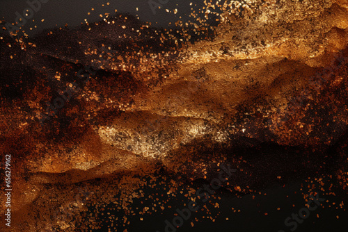 Black brown & gold dust glitter dust dark background, in the style of textured surface, dark brown and orange, abstract organic forms, photo taken, canvas texture emphasis, captivating.
