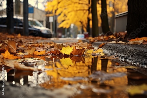 Autumn leaves in the rain. Empty road in city in autumn time.