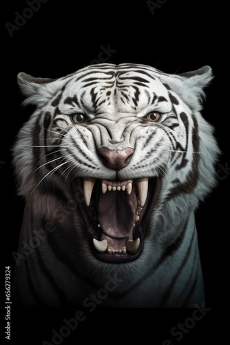 a white saber-toothed tiger on dark background generative ai