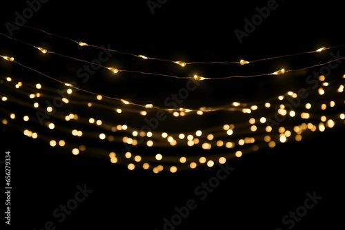 Gold Twinkle Christmas string lights on black background. Defocused Glowing light bulb garland. Generative AI