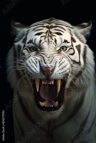 a white saber-toothed tiger on dark background generative ai