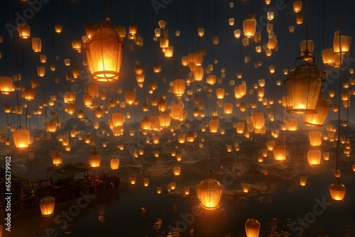 Numerous aerial lanterns released. Generative AI