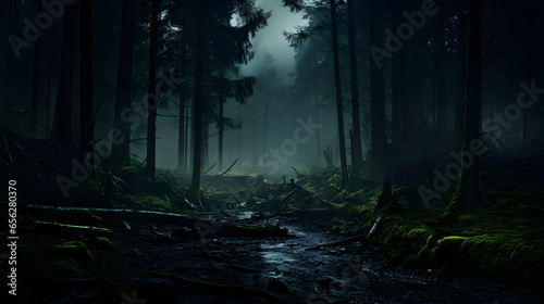 Moonlit Forest with Rising Mist