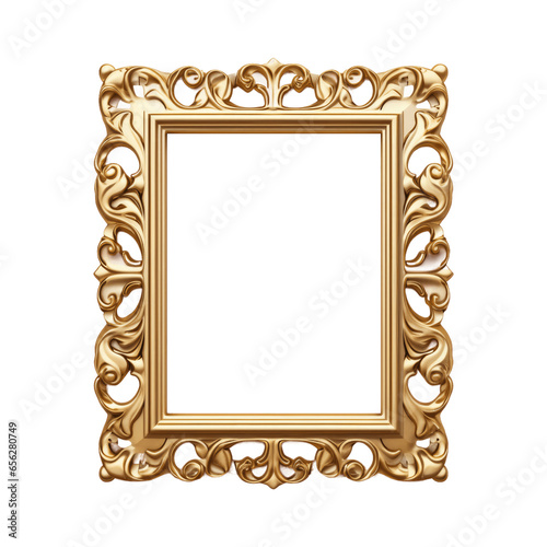 Antique carved gilded frame isolated on transparent background. Vintage golden rectangle frame for photo, Artistic gold frame with curved shapes, Decorative vintage frame and border