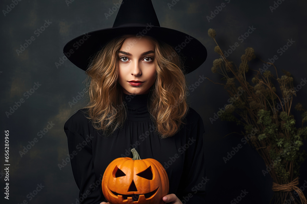 Portrait of woman with Halloween make up in Halloween costume - Halloween concept Portrait of woman with Halloween make up in Halloween costume - Halloween concept