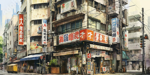 watercolor painting Tokyo See buildings and places as landmarks generative ai © LomaPari2021