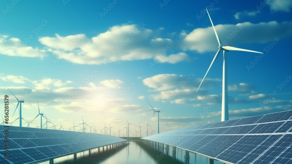 Fototapeta premium Wind turbine and solar panel in cloud sky.generative ai
