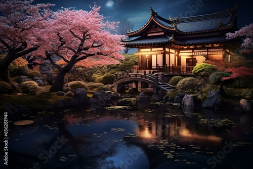 Traditional Japanese house lit by moonlight surrounded by cherry blossom trees. Generative AI