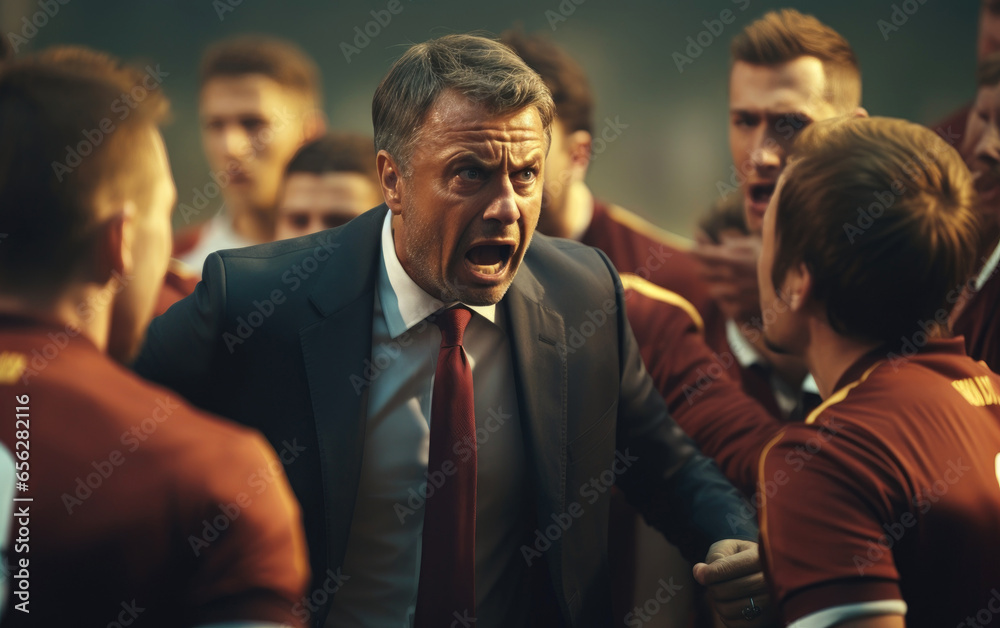 Stressed football team coach under pressure. Generative AI Stressed football team coach under pressure. Generative AI