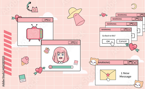 Retro Vaporwave Poster With User Interface Elements and Cartoon Anime Illustrations. Trendy Old Aesthetic Background. Modern Art.