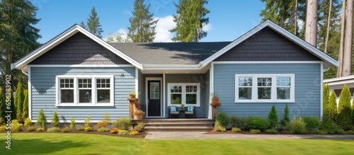 Modern cottage style home with a gray exterior teal door and curb appeal © 2rogan