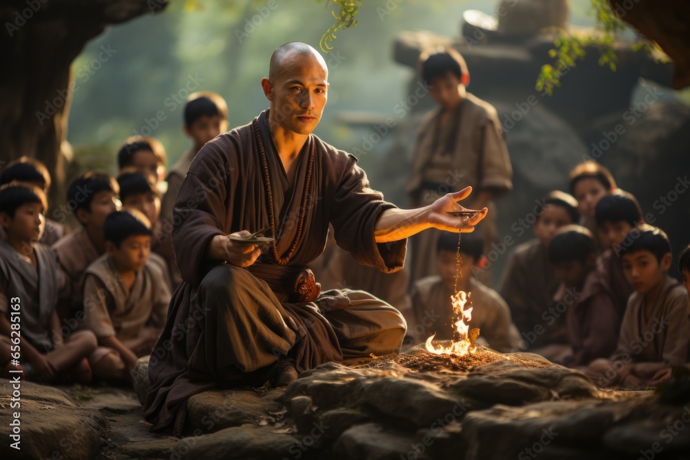 Shaolin master teaching a group of eager students in a serene temple garden, Generative AI