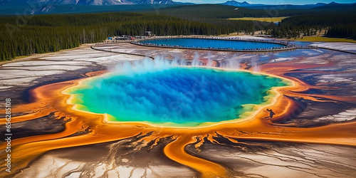 Bird's-eye view The World Famous Grand Prismatic Spring in Yellowstone National Park.generative ai