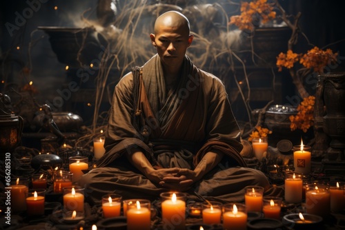 Shaolin monk in deep meditation, surrounded by candles and incense, evoking a sense of spiritual peace, Generative AI