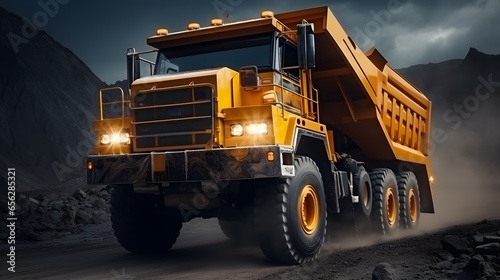 A large quarry dump truck in a coal mine. Loading coal into body work truck. Mining equipment for the transportation of minerals.