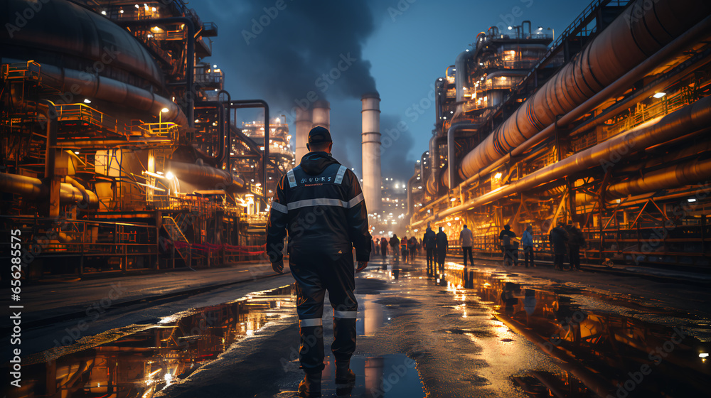 Oil refinery engineer, oil industry worker stands in front of a large chemical plant - obrazy, fototapety, plakaty 