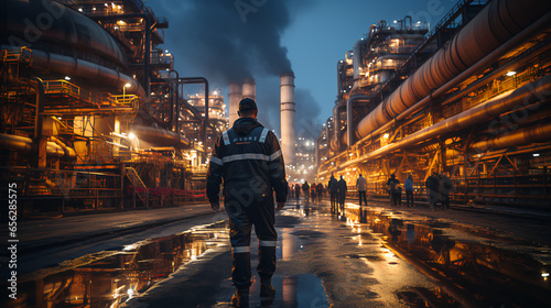 Oil refinery engineer, oil industry worker stands in front of a large chemical plant