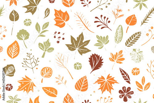 Abstract Colorful Autumn Hand-drawn Leaves Texture Pattern Doodle Vector Illustration

