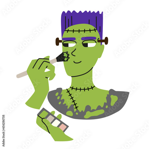 A man does makeup for the holiday. Scary carnival monster costume for Halloween. Vector illustration