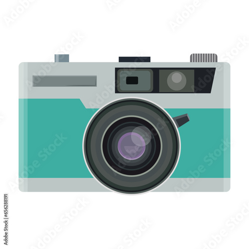 Vector illustration of simple retro camera in flat style on greenbody color. Old analog camera with a round lens. Flat design vector illustration. Vintage Camera image.