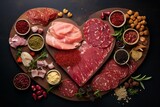 Heart-shaped assortment of cured meats and accompaniments. Generative AI