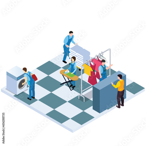 People working in Dry Cleaning Laundry 3d vector concept for banner, website, illustration, landing page, flyer, etc