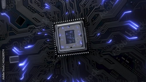 Digital pulses and signals propagate from the microprocessor to the system board. Computer CPU with connecting neon signals. Motherboard and microchip close up. Technology cpu background. 4k footage