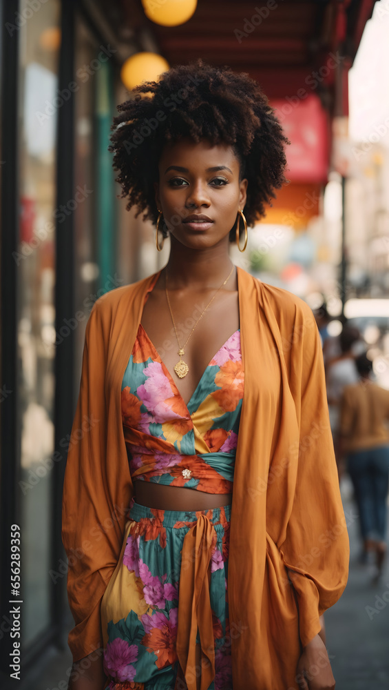 attractive 20-year-old black woman in a colorful, wide-necked summer dress standing on a city street attractive 20-year-old black woman in a colorful, wide-necked summer dress standing on a city street